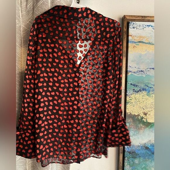 Alice + Olivia Shirt Womens Silk Small Black Red Hearts Printed Long Sleeve NWT - Picture 5 of 13